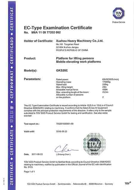 Mobile elevating work platform EC-Type Examimation Certificate